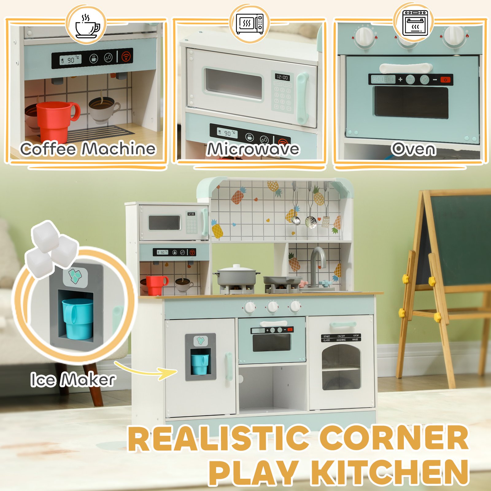 AIYAPLAY Toy Kitchen, Pretend Role Play Kitchen with Hob, Sound, Light, Coffee Machine, Ice Maker, Microwave - Image 5