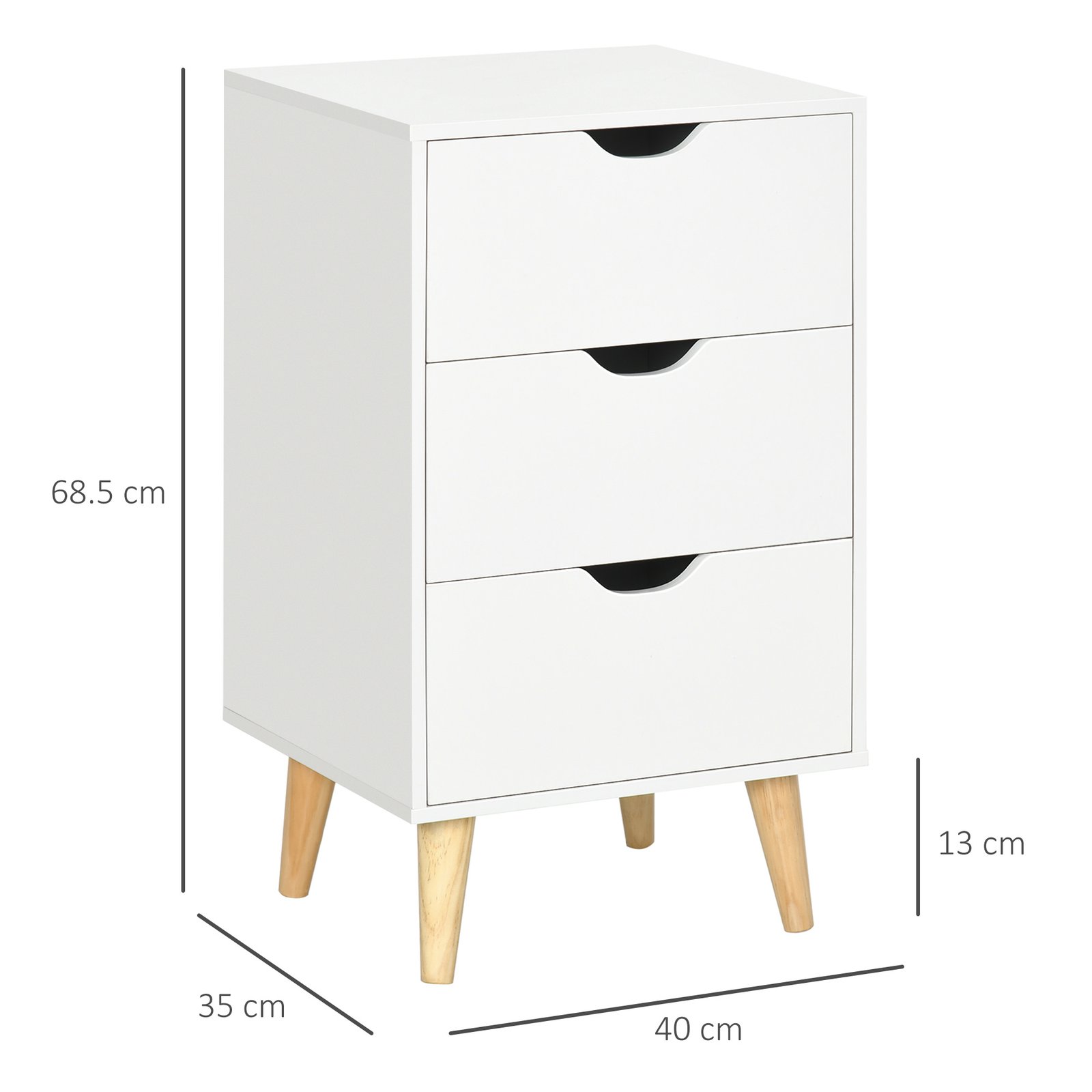 HOMCOM Bedside Table, Bedside Cabinet with 3 Drawers, Side End Table with Pine Wood Legs for Bedroom Living Room, White - Image 3