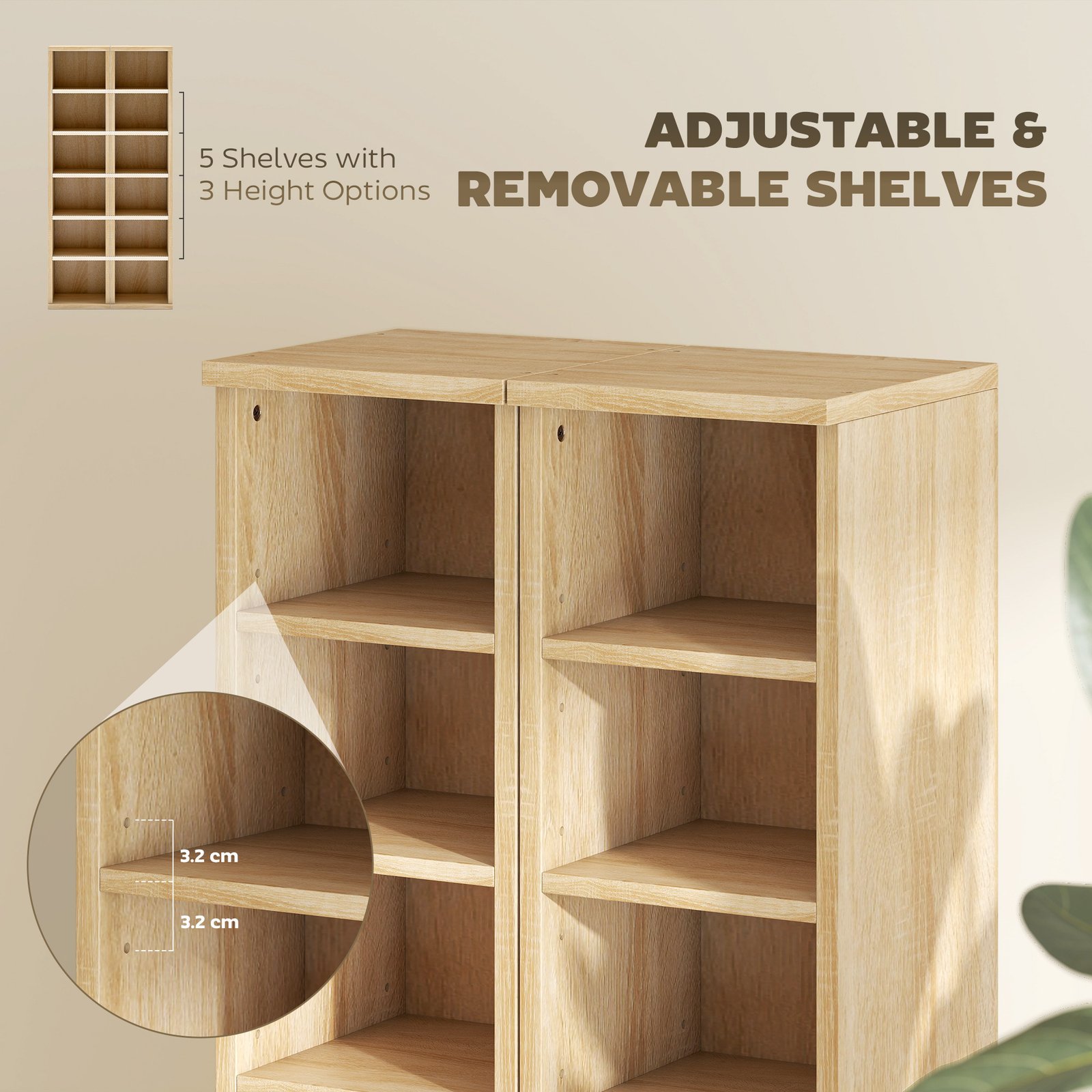 HOMCOM Set of 2 CD Media Display Shelf Unit Tower Rack with Adjustable Shelves, Oak - Image 6