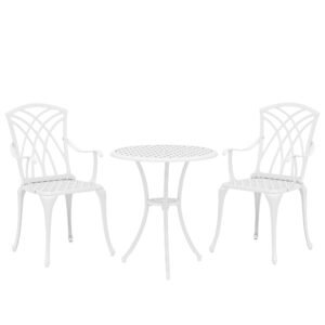 Outsunny 3 Pieces Garden Bistro Set, Cast Aluminium Outdoor Dining Set with 2 Chairs and Round Table with Parasol Hole, White