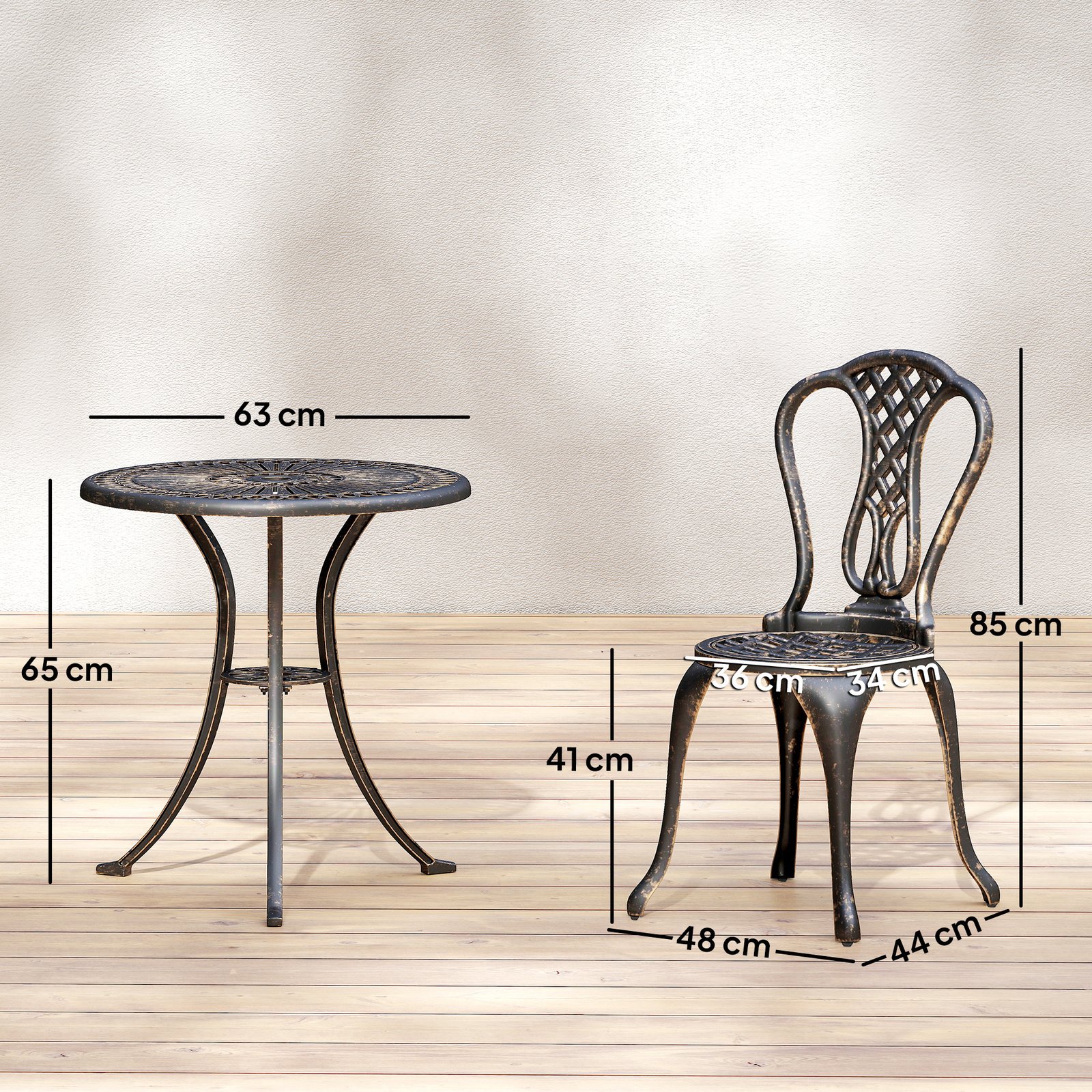 Outsunny Outdoor Bistro Set for 2 Cast Aluminium Patio Furniture with Round Table Umbrella Hole Brown - Image 3