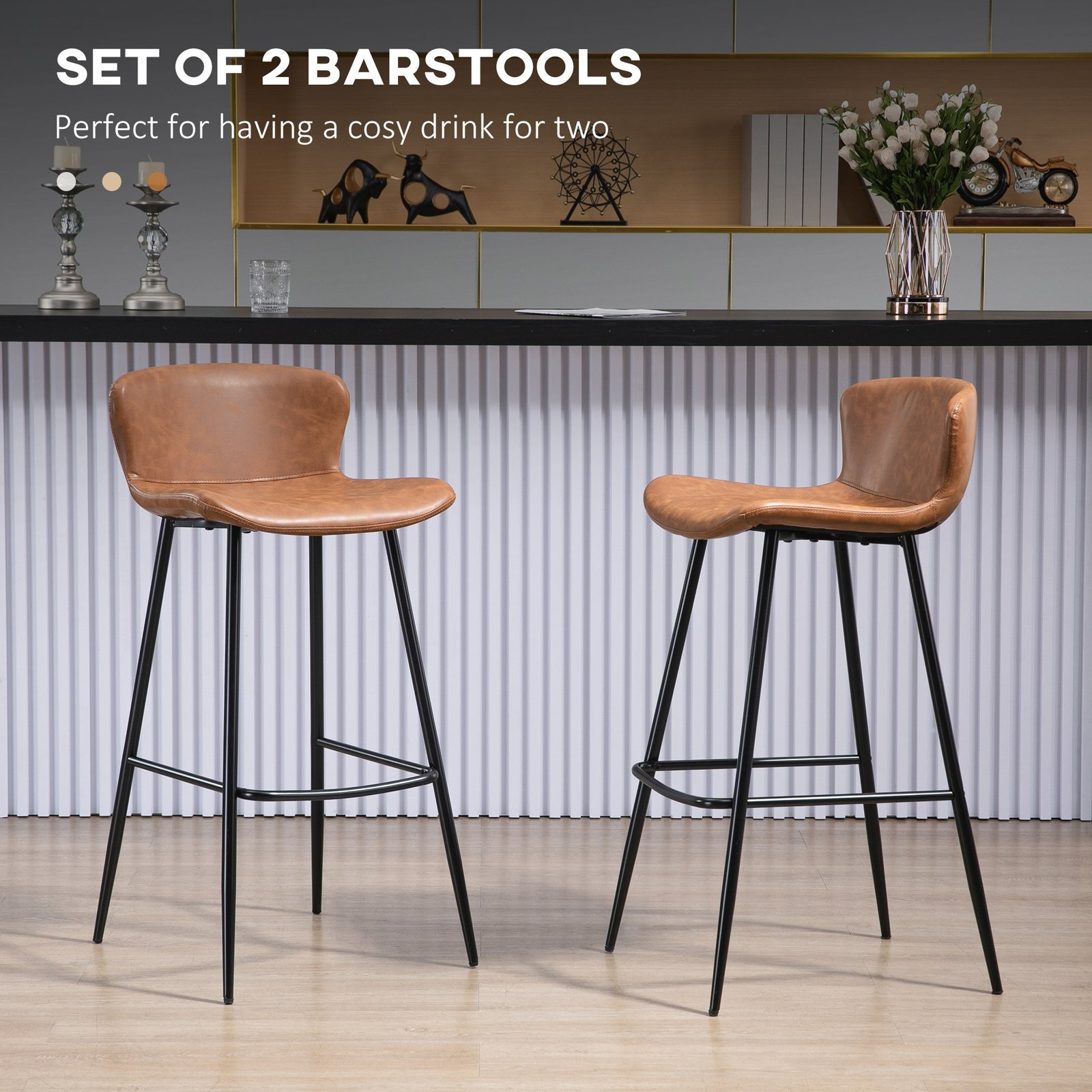 HOMCOM Bar Stools Set of 2, PU Leather Upholstered Bar Chairs, Breakfast Kitchen Counter Chairs with Backs, Steel Legs and Footrests for Dining Room, Brown - Image 4