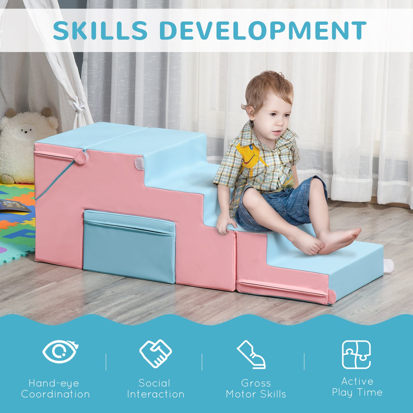 HOMCOM 2-piece Soft Play Set, Baby Foam Climber Block for Toddler 1-3 Years, Pink Blue - Image 7