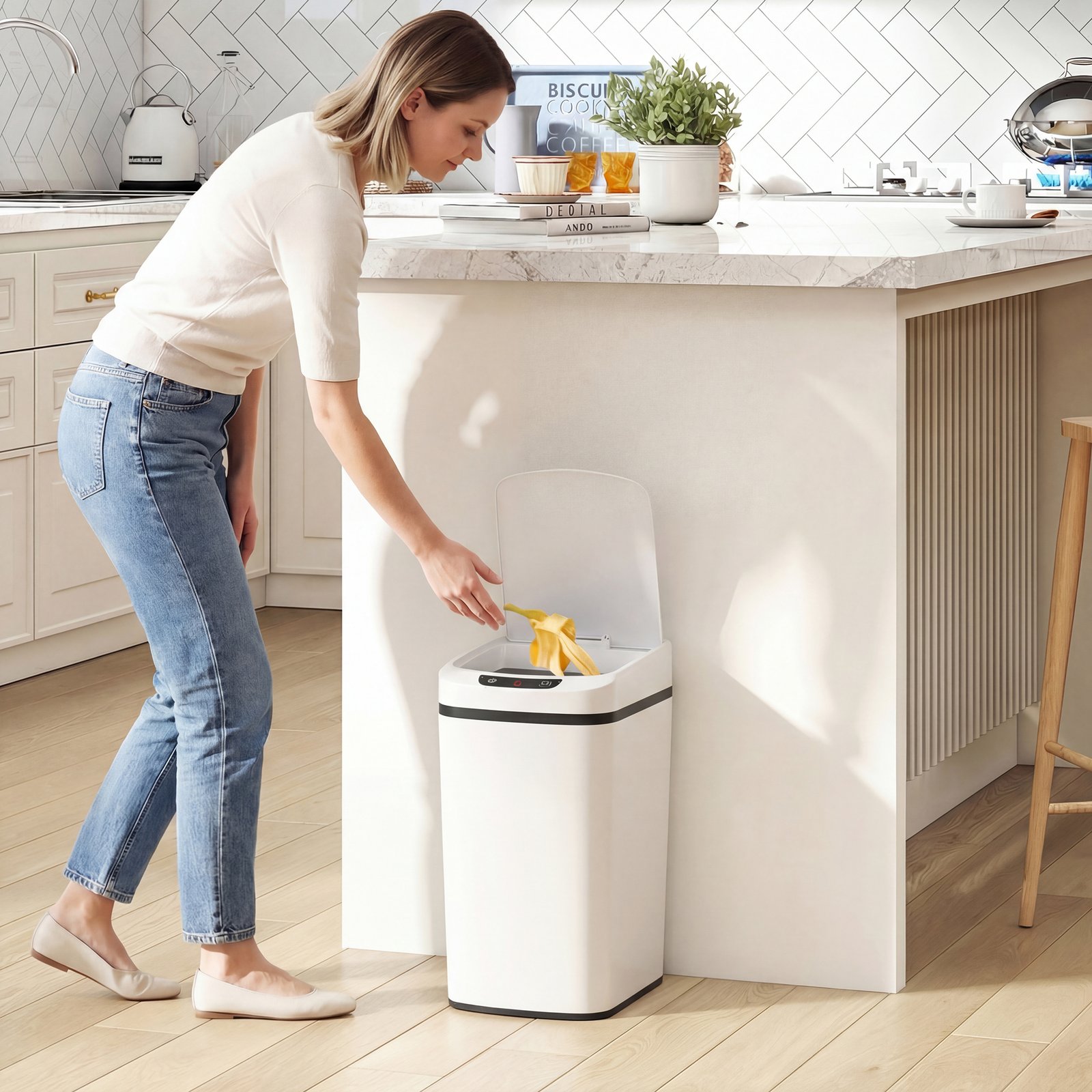 HOMCOM 12L Sensor Bin, Automatic Touchless Motion Sensor Kitchen Bin with Fingerprint Resistant Stainless Steel, White - Image 2