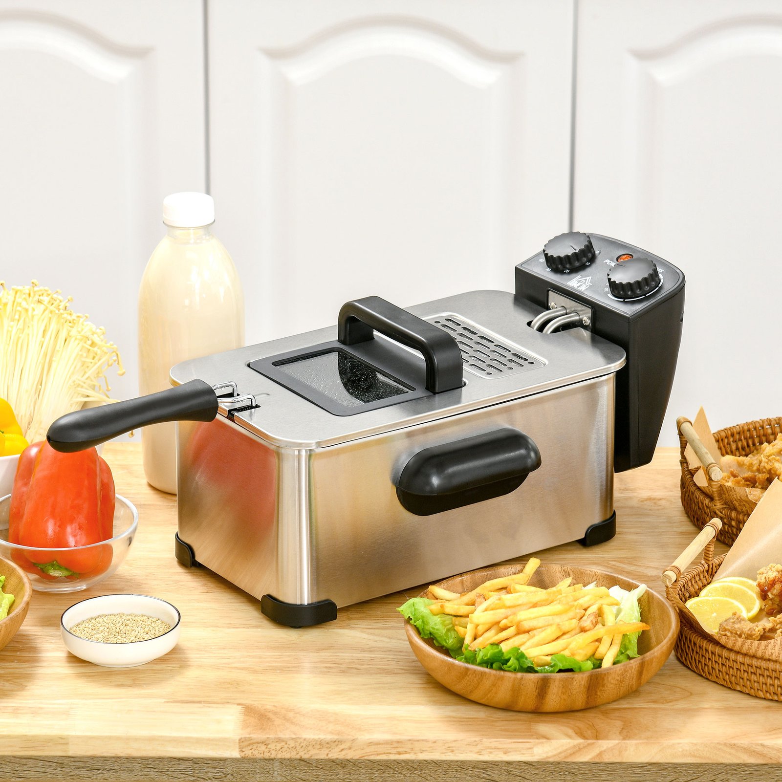 HOMCOM 3 Litre Stainless Steel Deep Fat Fryer with Adjustable Temp, 60min Timer, Viewing Window and Safety Cut Out, 2000W - Image 2