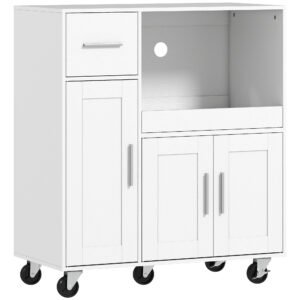 HOMCOM Rolling Kitchen Cart, Microwave Cabinet with Sliding Tray, Drawer, 3-Door Cupboards, Adjustable Shelf, White