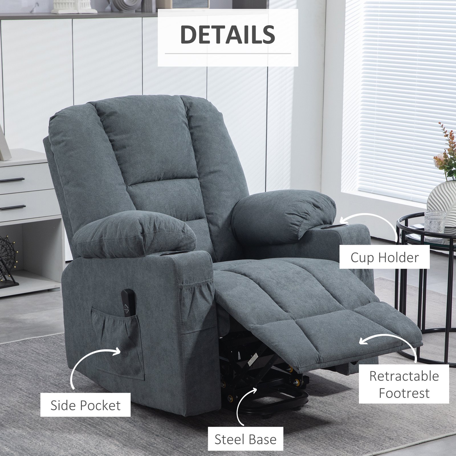 HOMCOM Oversized Riser and Recliner Chairs for the Elderly, Fabric Upholstered Lift Chair for Living Room with Remote Control, Side Pockets, Cup Holder, Grey - Image 6