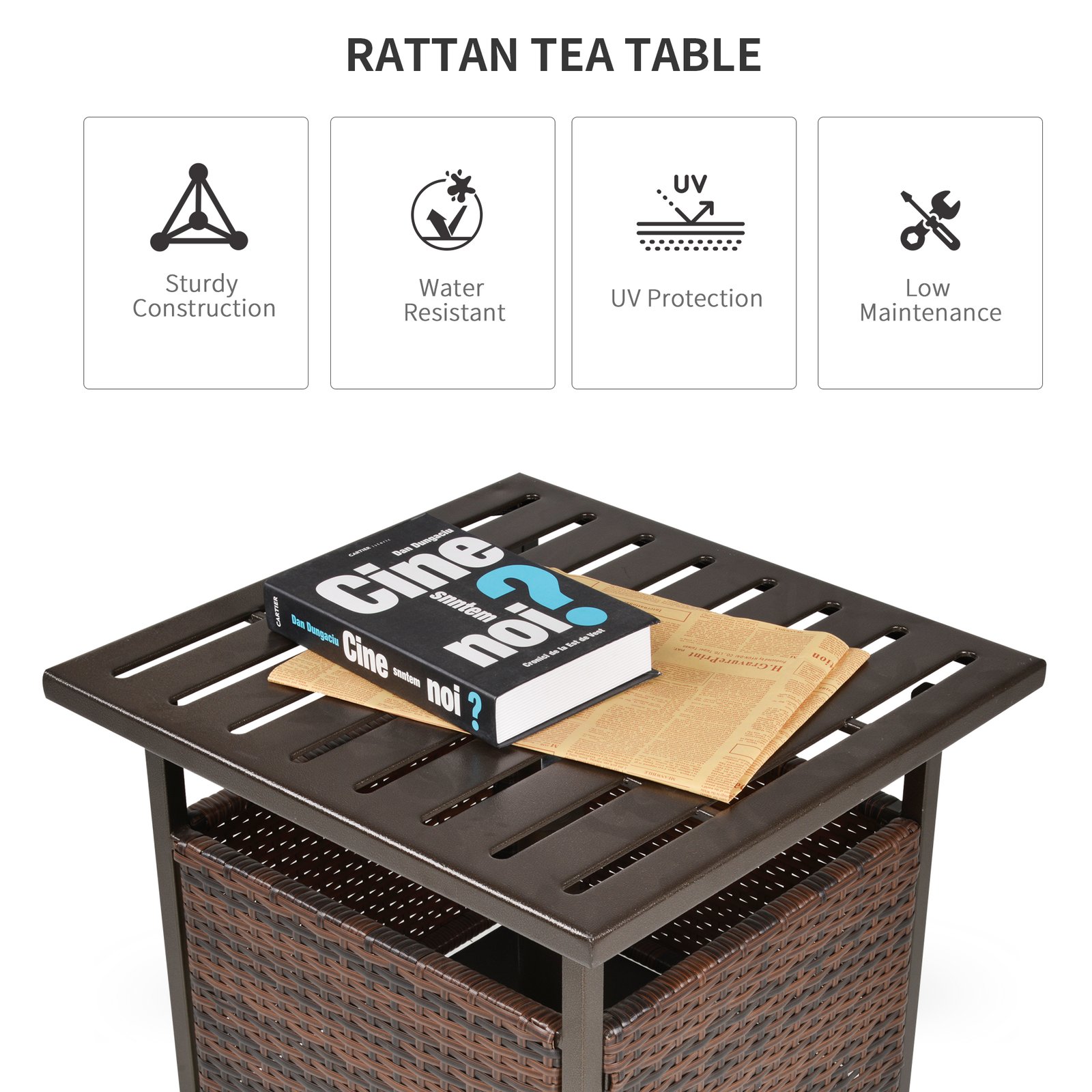 Outsunny Rattan Garden Coffee Table, 55.5 cm Square Wicker Patio Side Coffee Table with 4 cm Umbrella Hole, Metal Bottom and Slatted Top for Outdoor, Balcony, Brown - Image 4