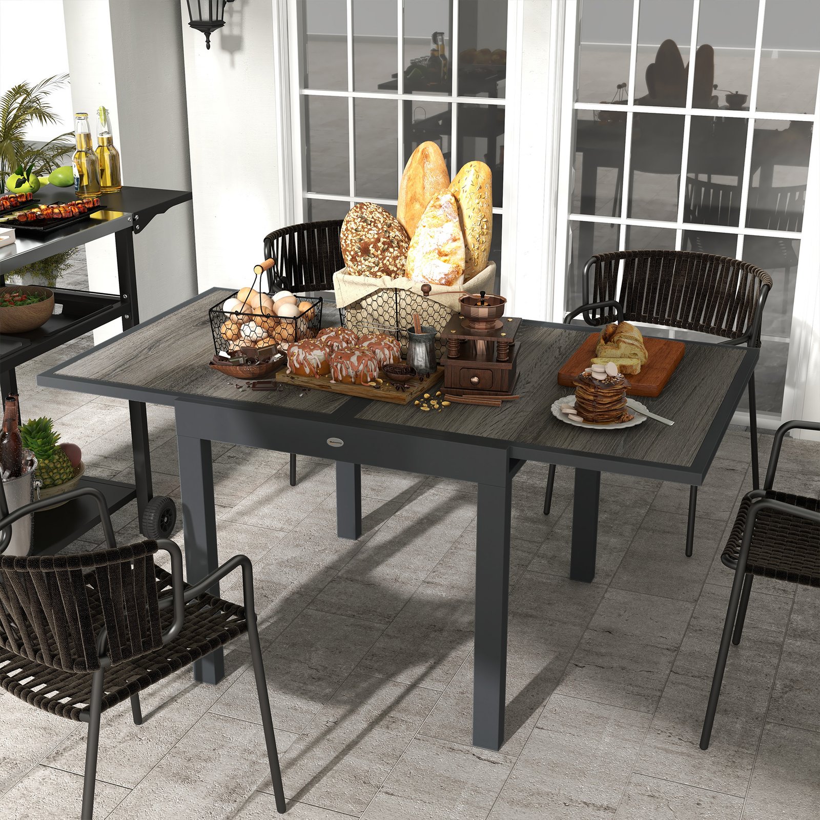 Outsunny Extending Garden Table, Outdoor Dining Table for 6, Aluminium Frame Rectangular Patio Table with Plastic Board Tabletop,80/160L x 80W x 75H cm, Grey - Image 2