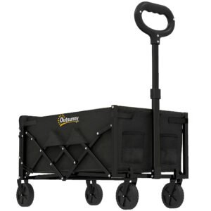 Outsunny 60L Foldable Festival Trolley on Wheels, Collapsible Wagon Cart with Drop-Down Tailgate, Adjustable Handle, Black