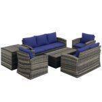 Outsunny 6 Pieces Rattan Garden Furniture Set, 7 Seater Wicker Outdoor Furniture Set with Storage Tea Table & Side Table, Sectional Garden Sofa Set with Cushions, Navy Blue Outsunny 6 Pieces Rattan Garden Furniture Set, 7 Seater Wicker Outdoor Furniture Set with Storage Tea Table & Side Table, Sectional Garden Sofa Set with Cushions, Navy Blue
