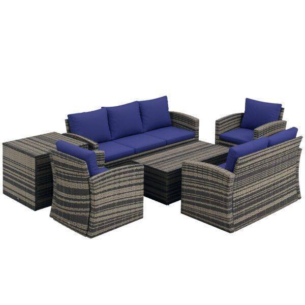 Outsunny 6 Pieces Rattan Garden Furniture Set, 7 Seater Wicker Outdoor Furniture Set with Storage Tea Table & Side Table, Sectional Garden Sofa Set with Cushions, Navy Blue Outsunny 6 Pieces Rattan Garden Furniture Set, 7 Seater Wicker Outdoor Furniture Set with Storage Tea Table & Side Table, Sectional Garden Sofa Set with Cushions, Navy Blue