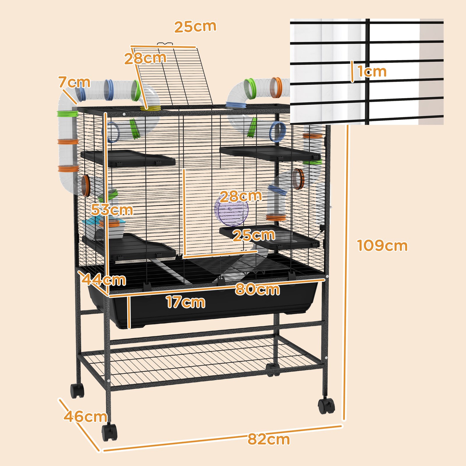 PawHut Large Hamster Cage, Gerbil Cage with Tubes, Storage Shelf, Ramps, Platforms, Running Wheel - Black - Image 3