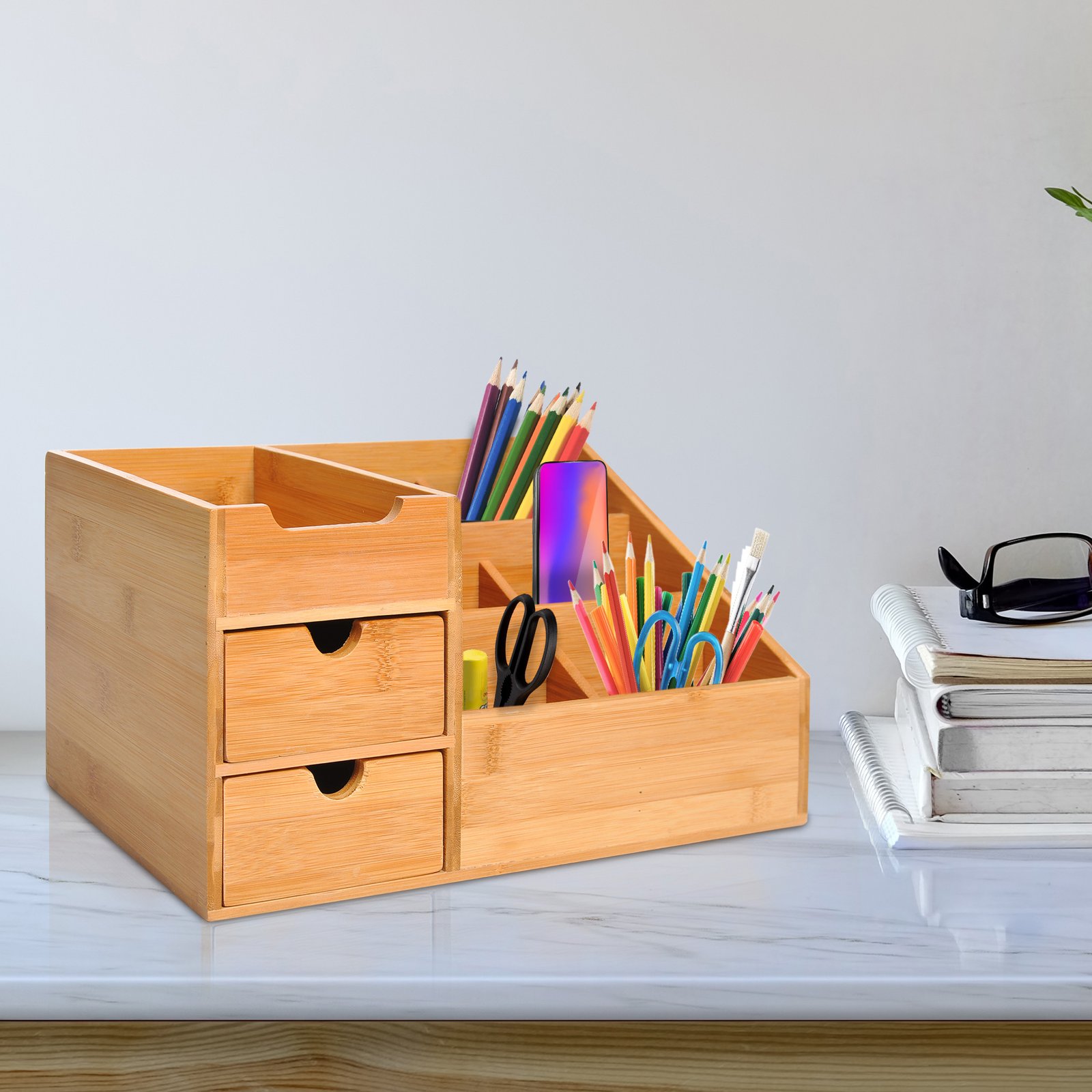 HOMCOM Desk Organiser Holder, Bamboo Multi-Function Storage Caddy with 7 Storage Compartments and 2 Drawers for Home Office Stationary Supplies, Natural Bamboo - Image 2