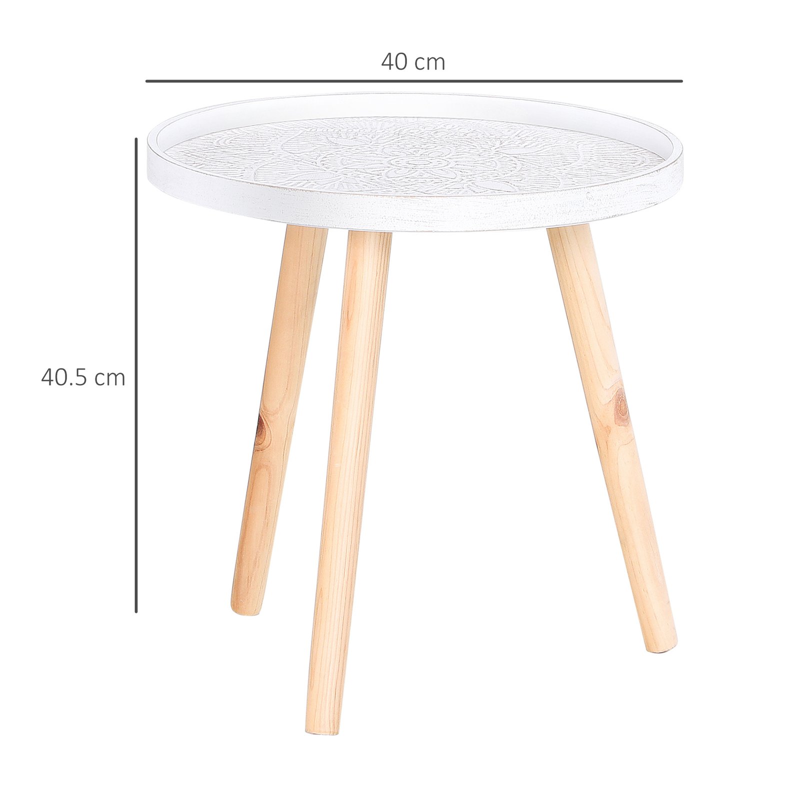 HOMCOM Coffee Table, Carved Floral Round Table with Tray-style Top and Wood Legs, Modern Side Table for Living Room, Set of 2, White - Image 3