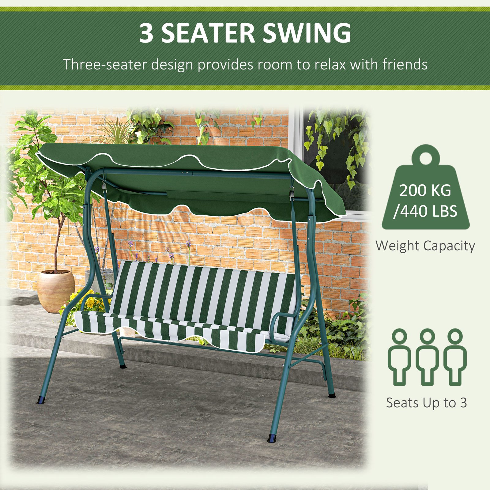 Outsunny 3 Seater Garden Swing Seat Chair Outdoor Bench with Adjustable Canopy and Metal Frame, Green Stripes - Image 6