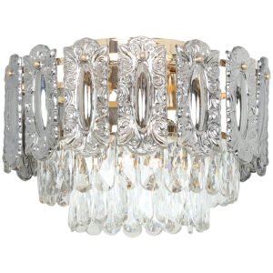 HOMCOM Chandelier Ceiling Light, 3-Light Flush Mount Fixture with Dual Crystal and Smoke Glass Shade, 40 cm LED Ceiling Light for Living Room Bedroom, 3 E14 Sockets, Bulbs Not Included, Gold Tone