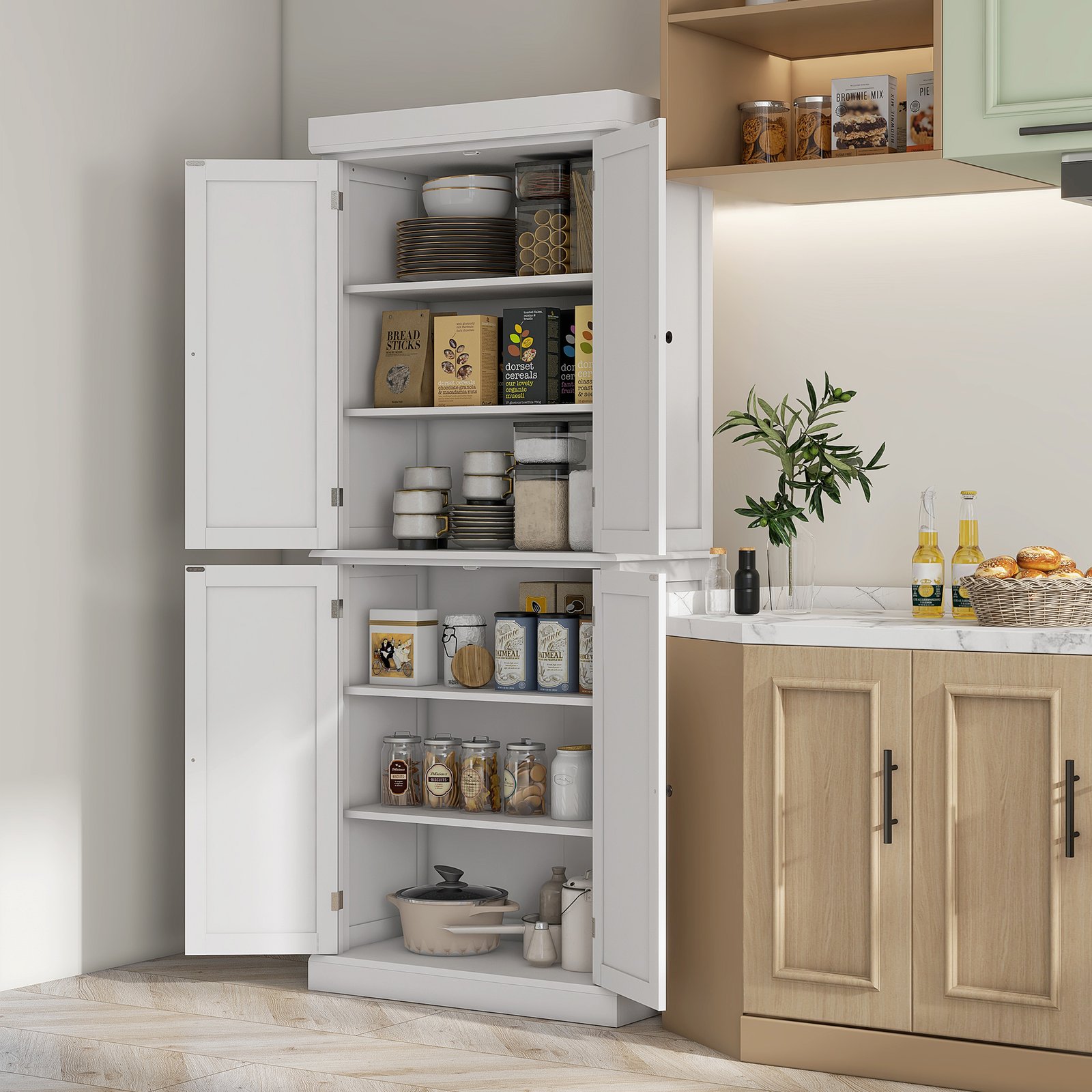 HOMCOM Freestanding Kitchen Cupboard with 4 Doors, Storage Cabinet with 6-Tier Shelving and 4 Adjustable Shelves, White - Image 2