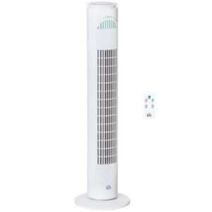 HOMCOM 30'' Freestanding Tower Fan, 3 Speed 3 Mode, 10h Timer, 70 Degree Oscillation, LED Light, 5M Remote Controller, White