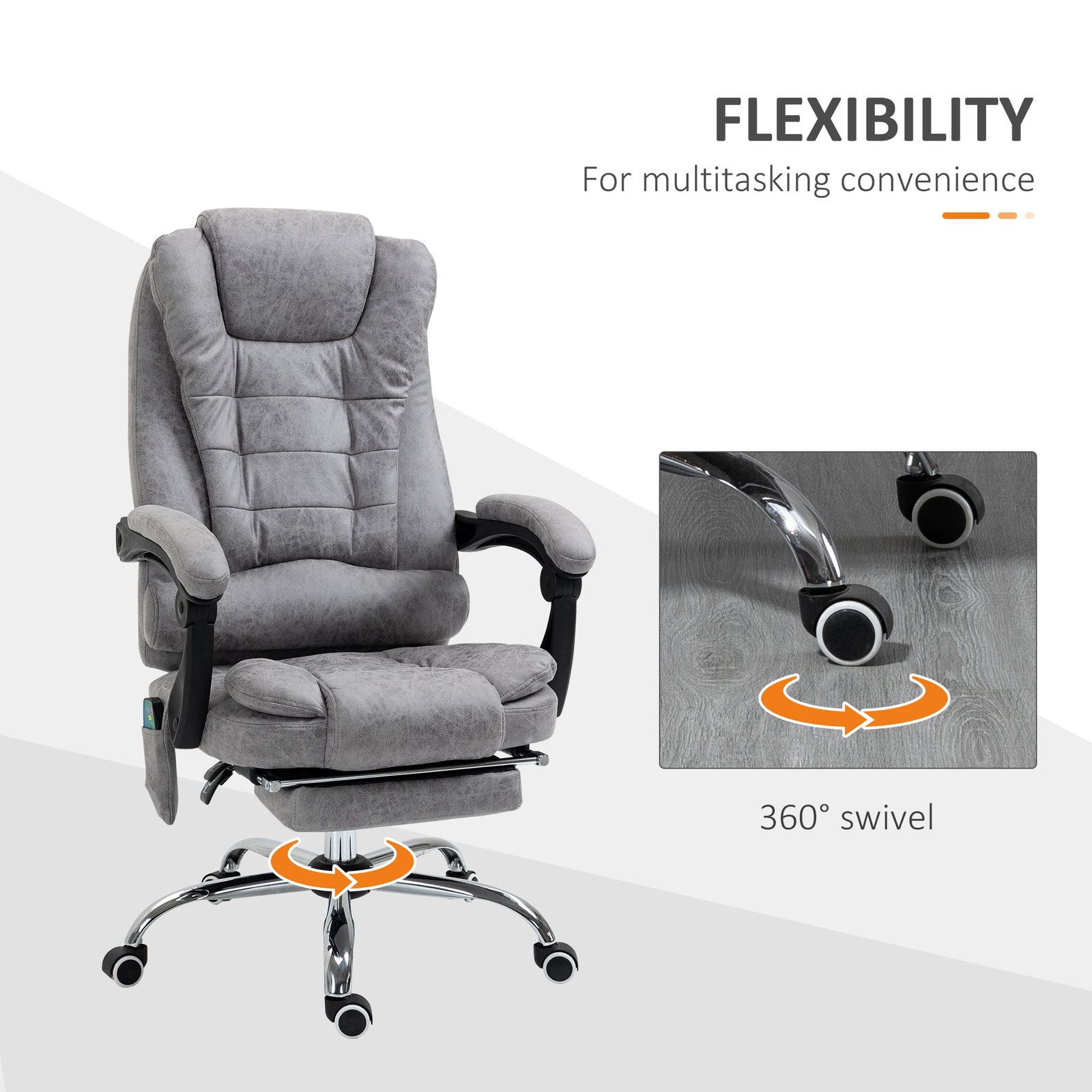 Vinsetto Heated 6 Points Vibration Massage Executive Office Chair Adjustable Swivel Ergonomic High Back Desk Chair Recliner with Footrest Grey - Image 7