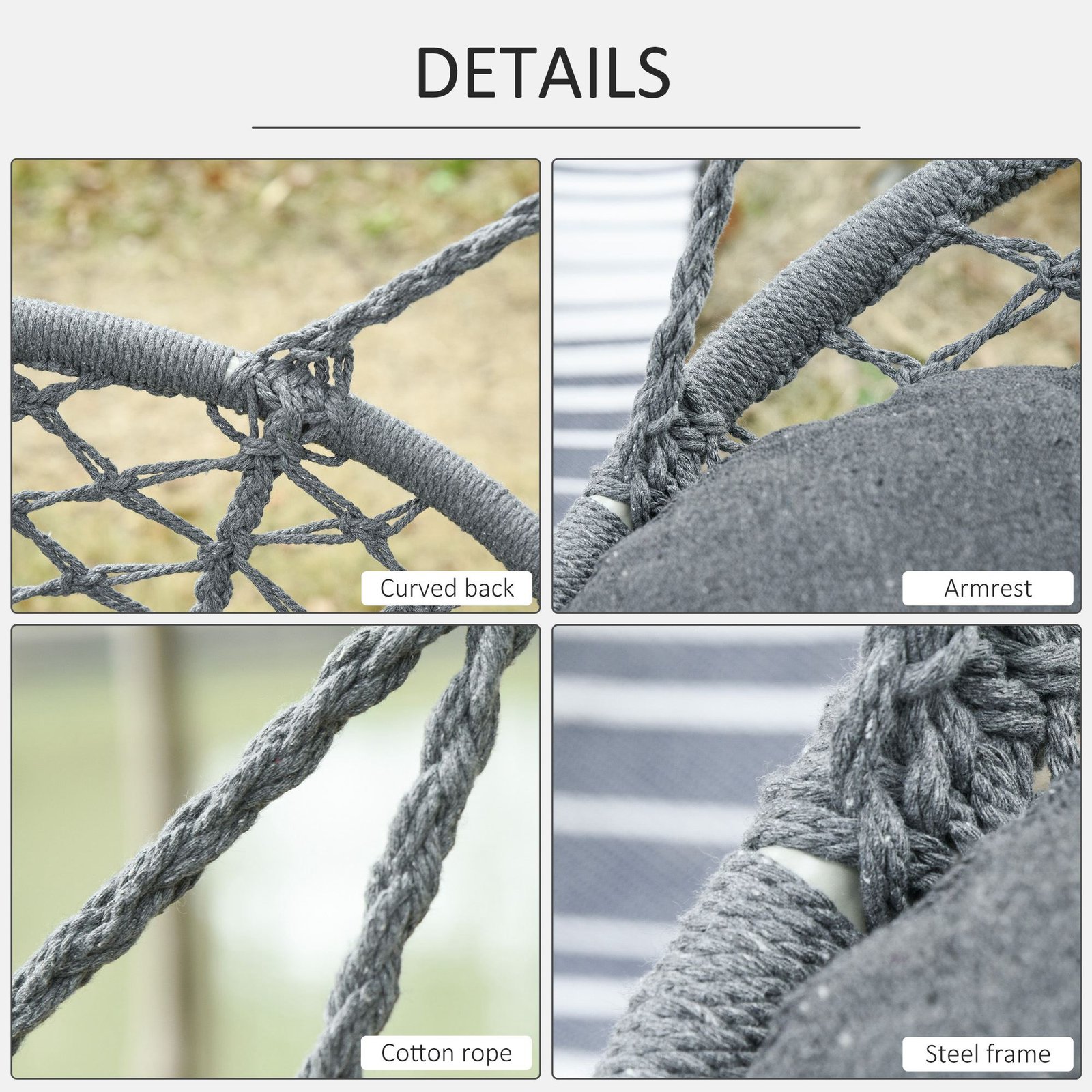 Outsunny Two-Seater Boho Macrame Hammock Swing - Grey - Image 6