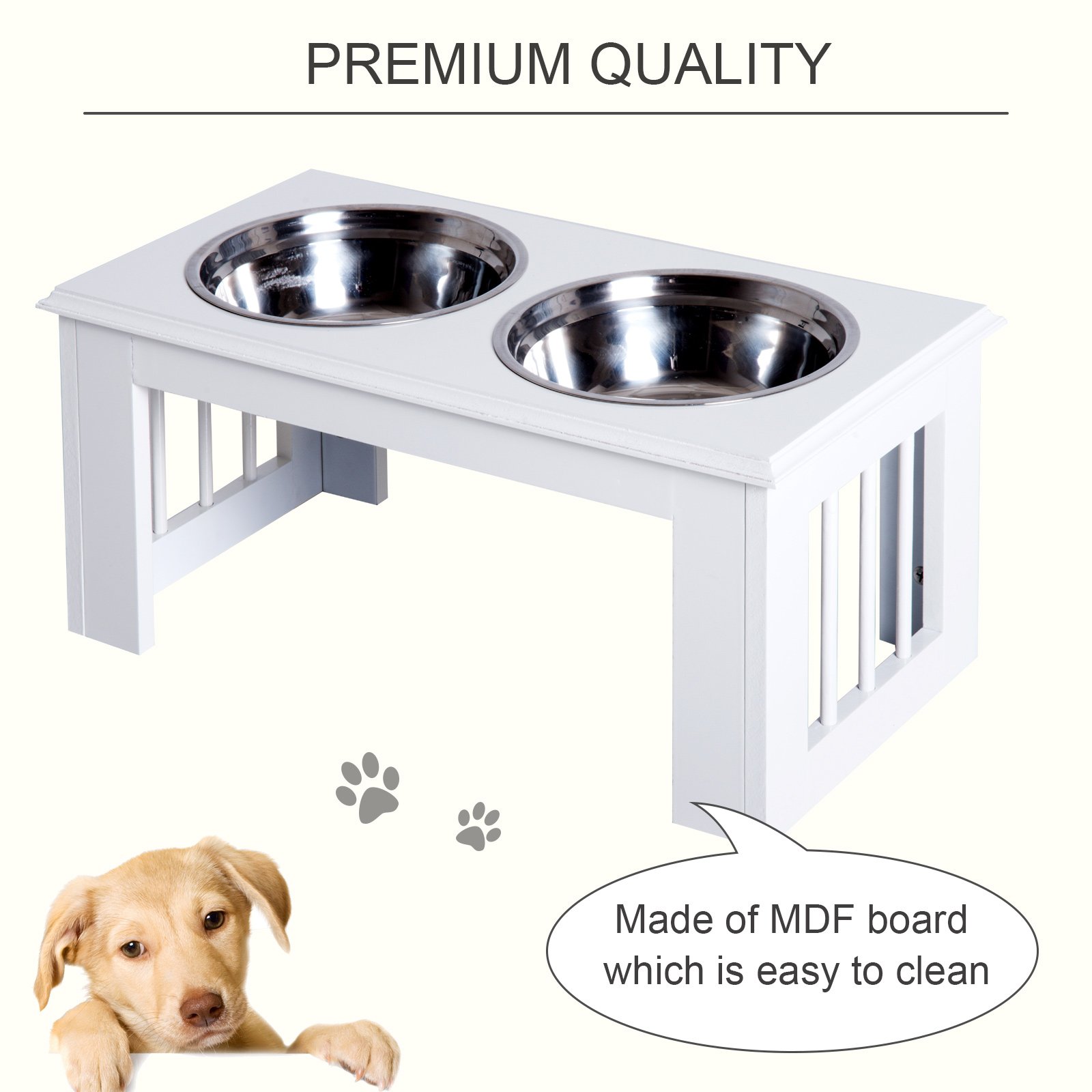 PawHut Raised Dog Feeding Bowls with Stand, Stainless Steel for Medium Dog, 58L x 31W x 25H cm - White - Image 6