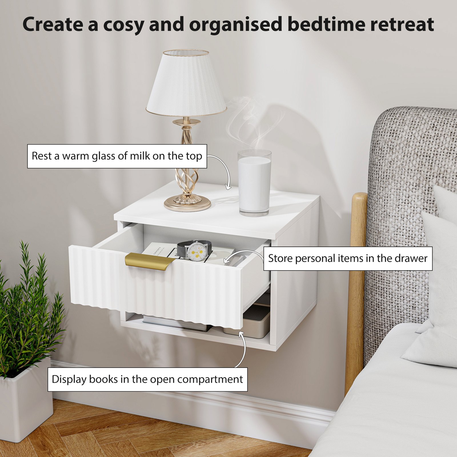 HOMCOM Floating Nightstands Set of 2, Modern Wall Mounted Bedside Tables with Fluted Drawer and Open Shelf for Bedroom, White - Image 5