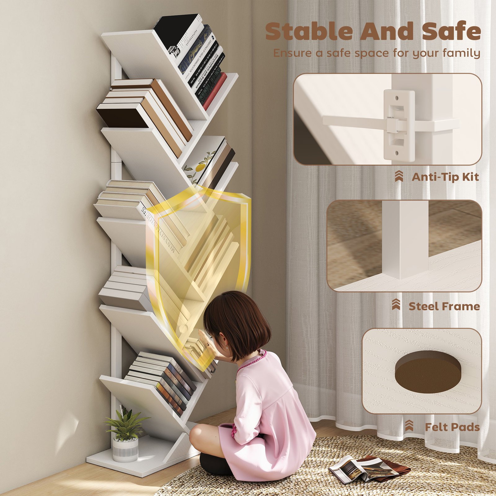HOMCOM 9-Tier Tree Bookshelf, Industrial Free Standing Bookcase with Steel Frame, Display Storage White - Image 5