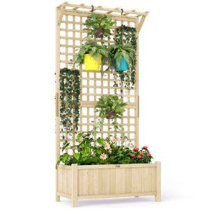 Outsunny Raised Bed with Drainage Holes, Wood Planter with Trellis for Climbing Plants to Grow Vegetables, Flowers, Natural