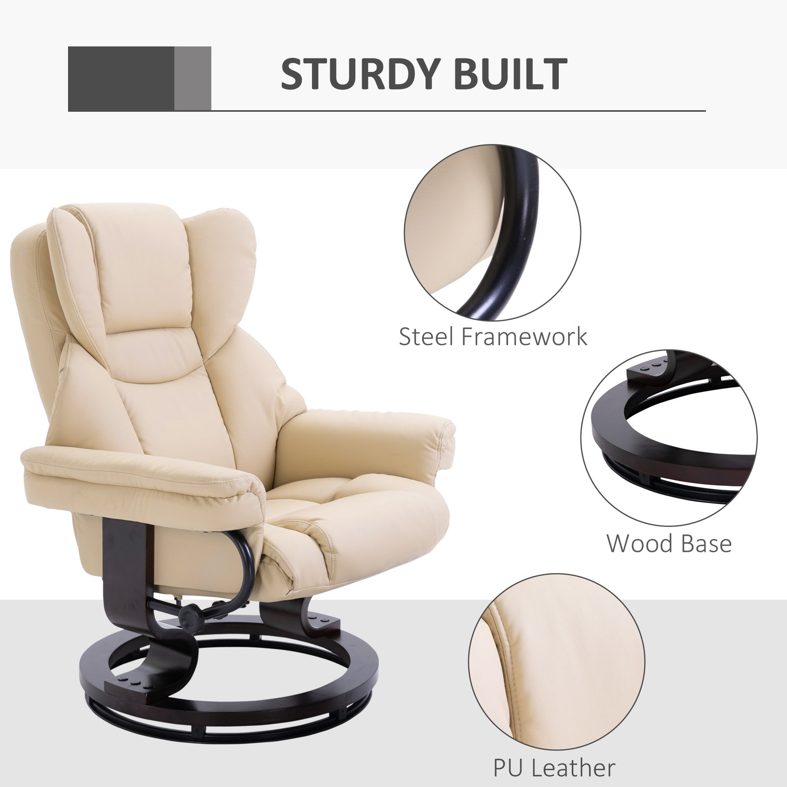 HOMCOM 360° Swivel Recliner Chair with Footstool, PU Leather Manual Recliner Armchair with Footstool, Solid Wood Base, Upholstered Reclining Chair for Living Room, Bedroom, Office, Cream - Image 5