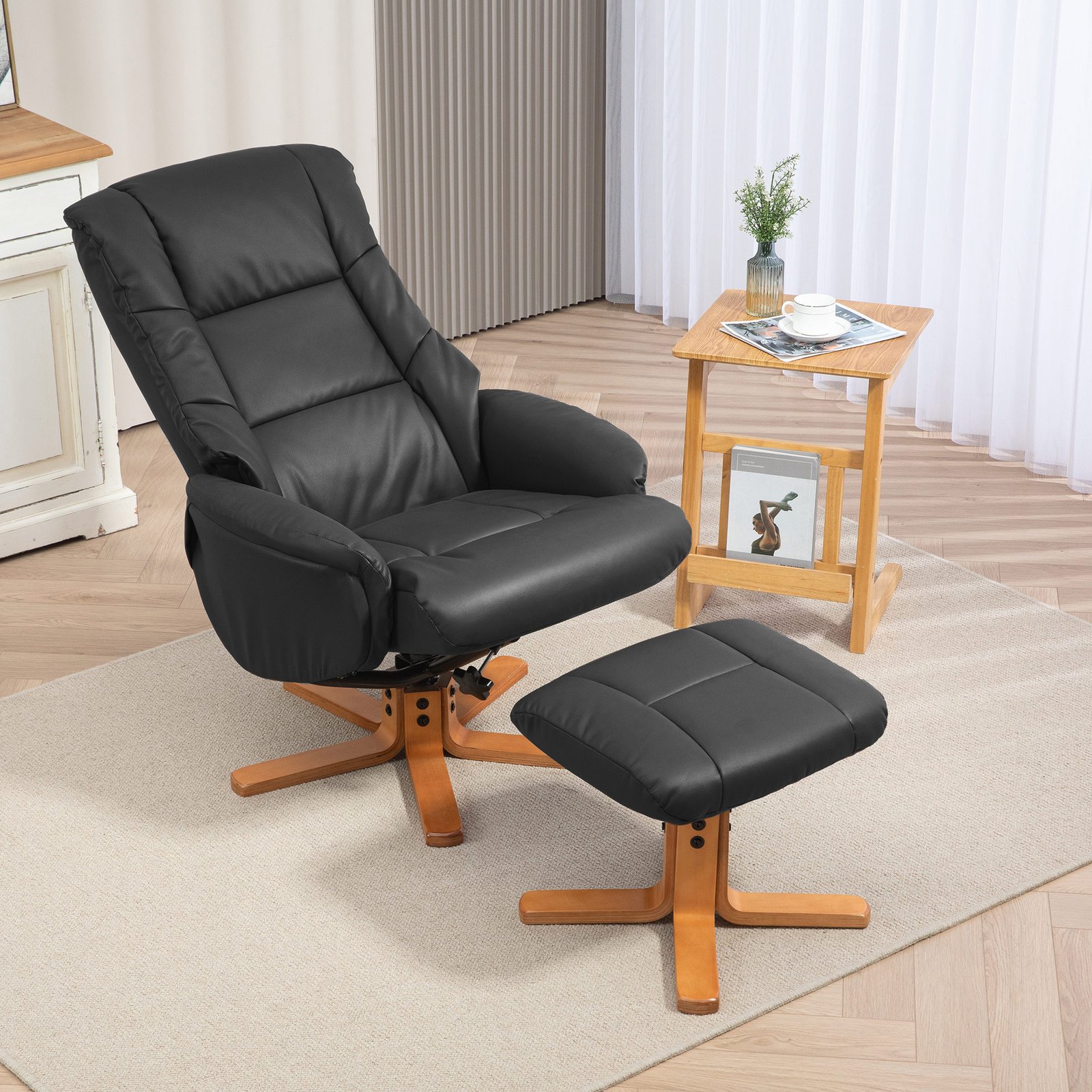HOMCOM Rocking Recliner Chair with Footstool, PU Leather Recliner Armchair with Wood Base, Upholstered Reclining Chair for Living Room Bedroom, Black - Image 2