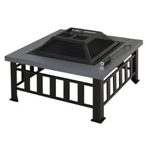 Outsunny Metal Large Firepit Outdoor Square Fire Pit Brazier with Rain Cover, Lid, Log Grate, Poker for Backyard, Camping, BBQ, Bonfire, Wood Burning Stove, 86 x 86 x 54cm, Black