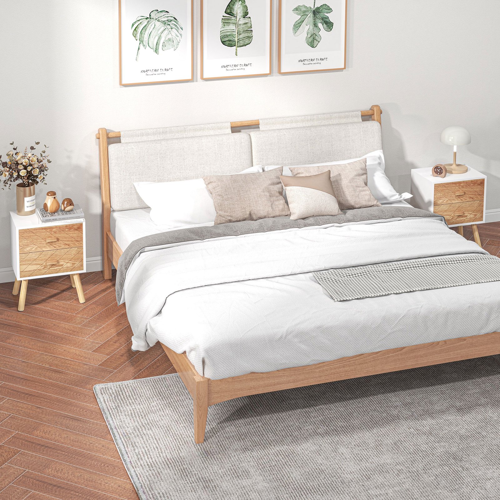 HOMCOM 2 Drawers Bedside Table with Pine Legs, Bedroom Wooden Storage Cabinet, Set of 2, Natural - Image 2