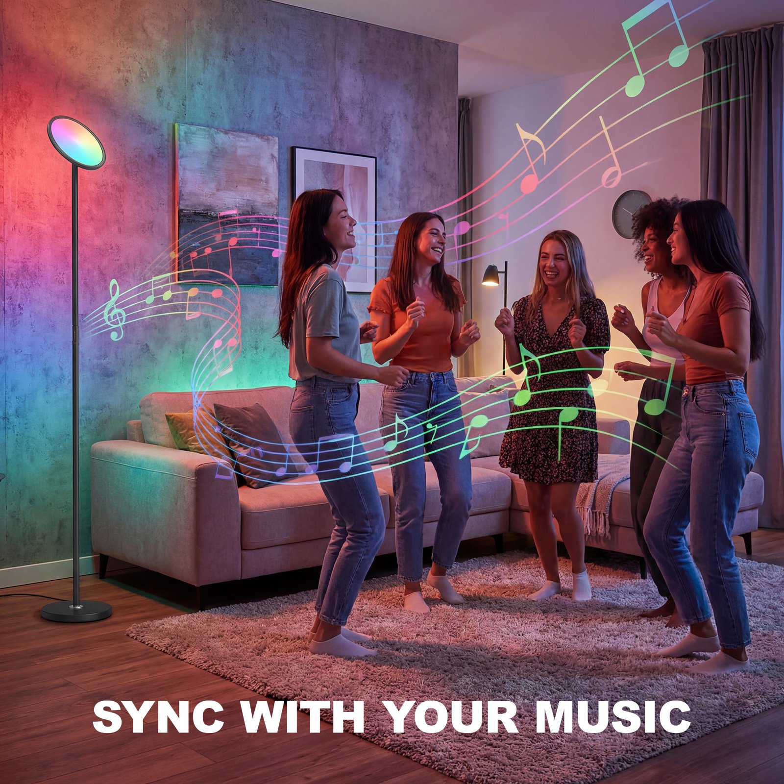 HOMCOM Uplighter Floor Lamp with Tuya App and Music Sync, Standing Lamp with Adjustable Head for Living Room Bedroom, Black - Image 6