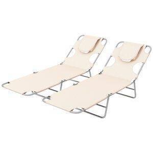 Outsunny Foldable Sun Lounger Set of 2, Beach Chaise Lounges with Reading Hole, Arm Slots, 5-Position Adjustable Backrest, Side Pocket, Pillow for Patio, Garden, Beach, Pool, Beige