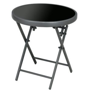 Outsunny ?45cm Garden Side Table, Outdoor Round Folding Patio Table with Imitation Marble Glass Top, Small Coffee Table, Black