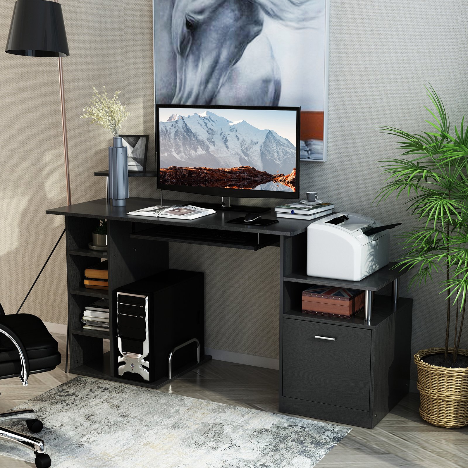 HOMCOM Computer Desk PC Workstation with Drawer Shelves CPU Storage Rack Home Office Furniture 152 x 60 x 88cm (BLACK) - Image 8
