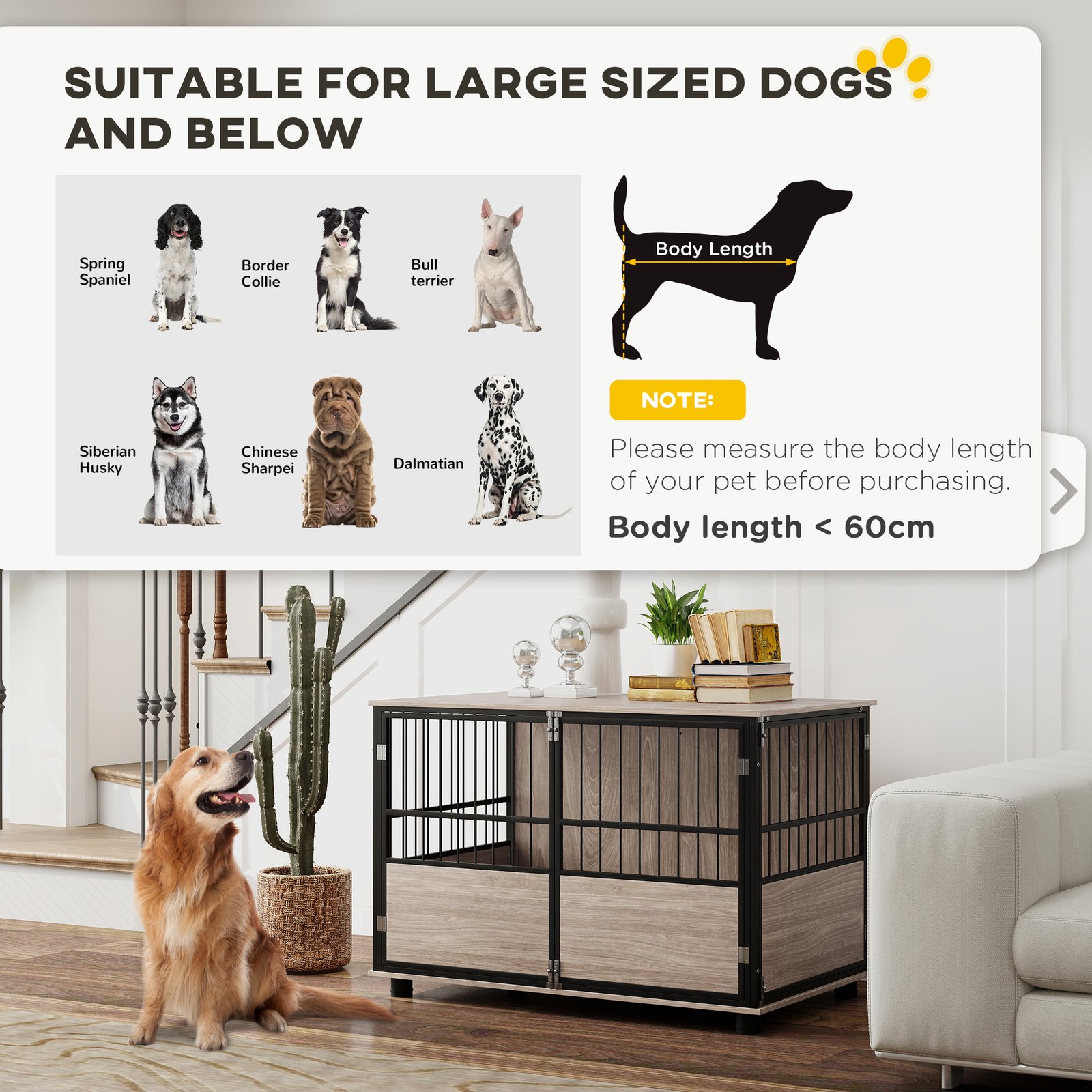 PawHut 100cm Furniture Style Dog Crate Dog Cage End Table Indoor with 3 Doors Soft Washable Cushion, for Large Sized Dogs - Image 4