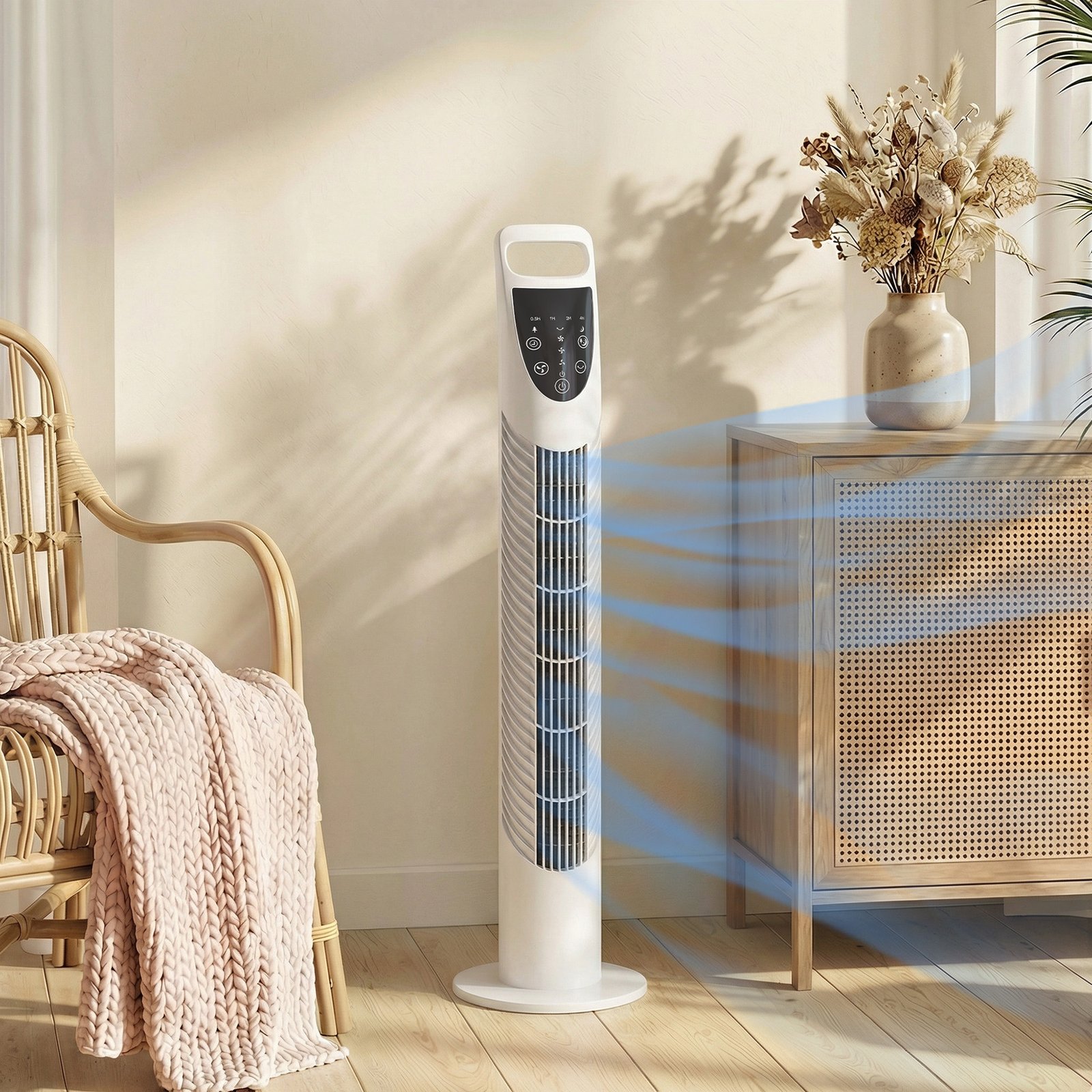 HOMCOM Tower Fan Oscillating 3 Speeds 3 Winds 40W w/ RC Timer Quiet - White - Image 2