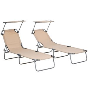 Outsunny Folding Sun Lounger Set of 2 with Canopy, Reclining Sunbed with 4-Position Adjustable Backrest, 600D Oxford Cloth, Portable Garden Lounger Recliner Chair for Beach, Camping, Patio, Sand