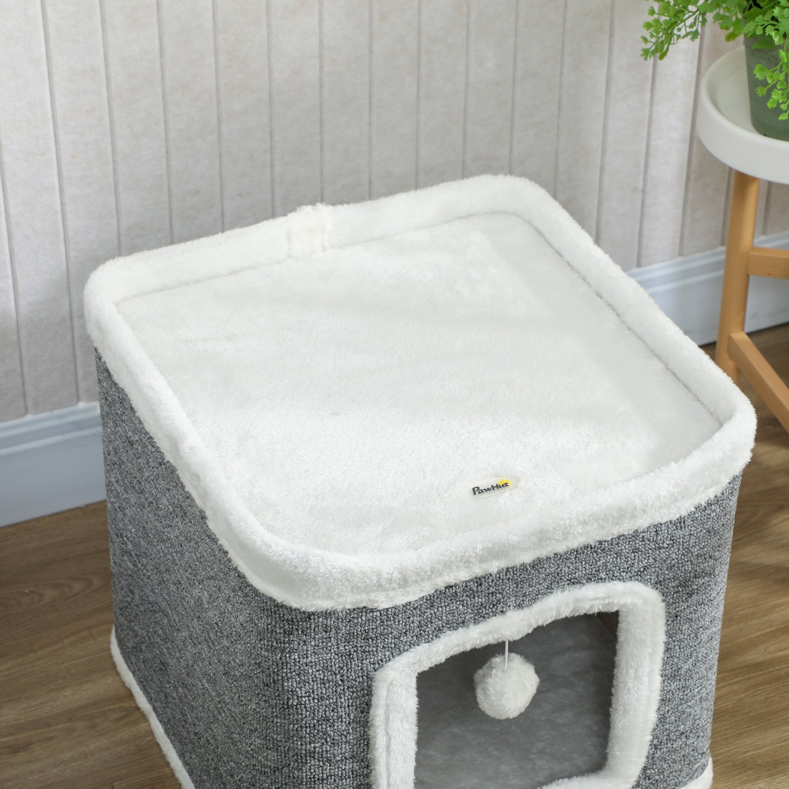 PawHut Cat House for Indoor Kittens, 2-Level Cat Cave Bed with Fluffy Balls, Top Bed, Kitten Barrel for Multi Kitties, Grey - Image 8