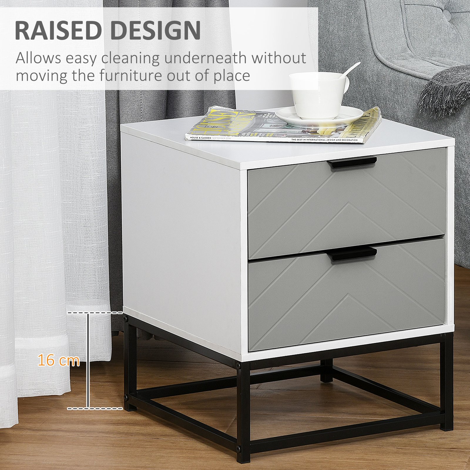 HOMCOM Bedside Cabinet with 2 Drawer Storage Unit, Unique Shape Bedroom Table Nightstand with Metal Base, for Living Room, Study Room, Dorm - Image 4