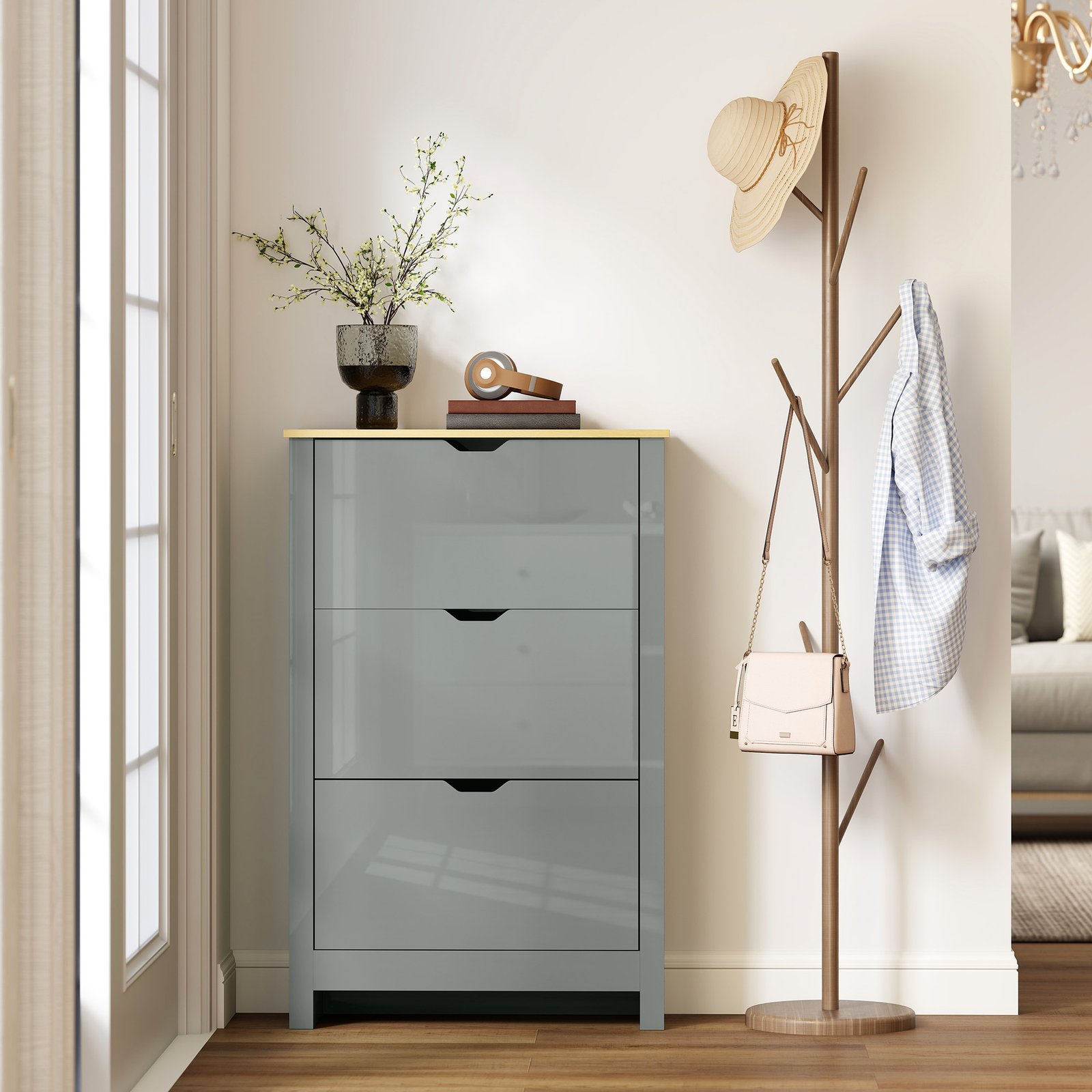 HOMCOM Slim Shoe Cabinet, Narrow Shoe Cupboard with 3 Flip Drawers, Adjustable Shelves for 18 Pairs of Shoes, Light Grey - Image 9