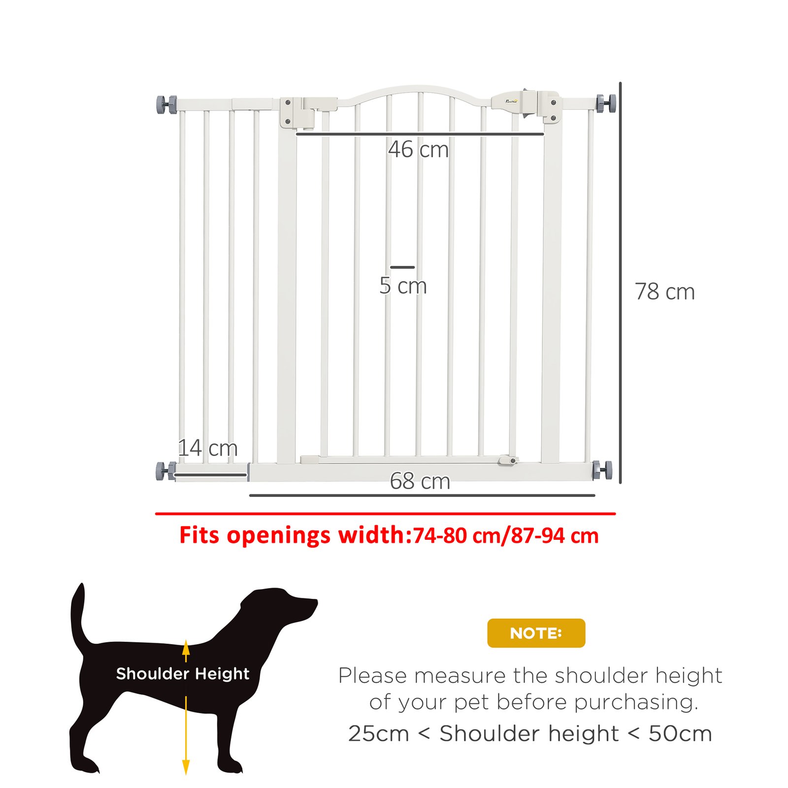 PawHut Metal 74-94cm Adjustable Pet Gate Safety Barrier w/ Auto-Close Door White - Image 3