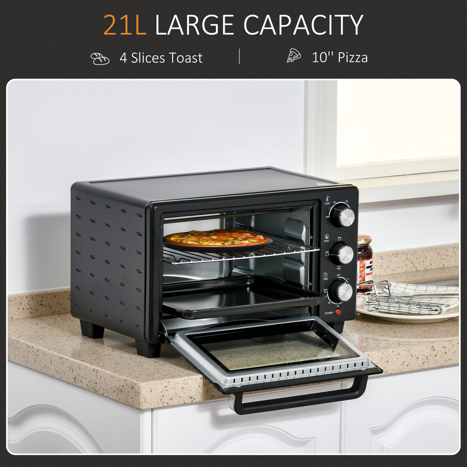 HOMCOM 21L Mini Countertop Oven, 100°C-230°C Adjustable Temp - Black - Image 4