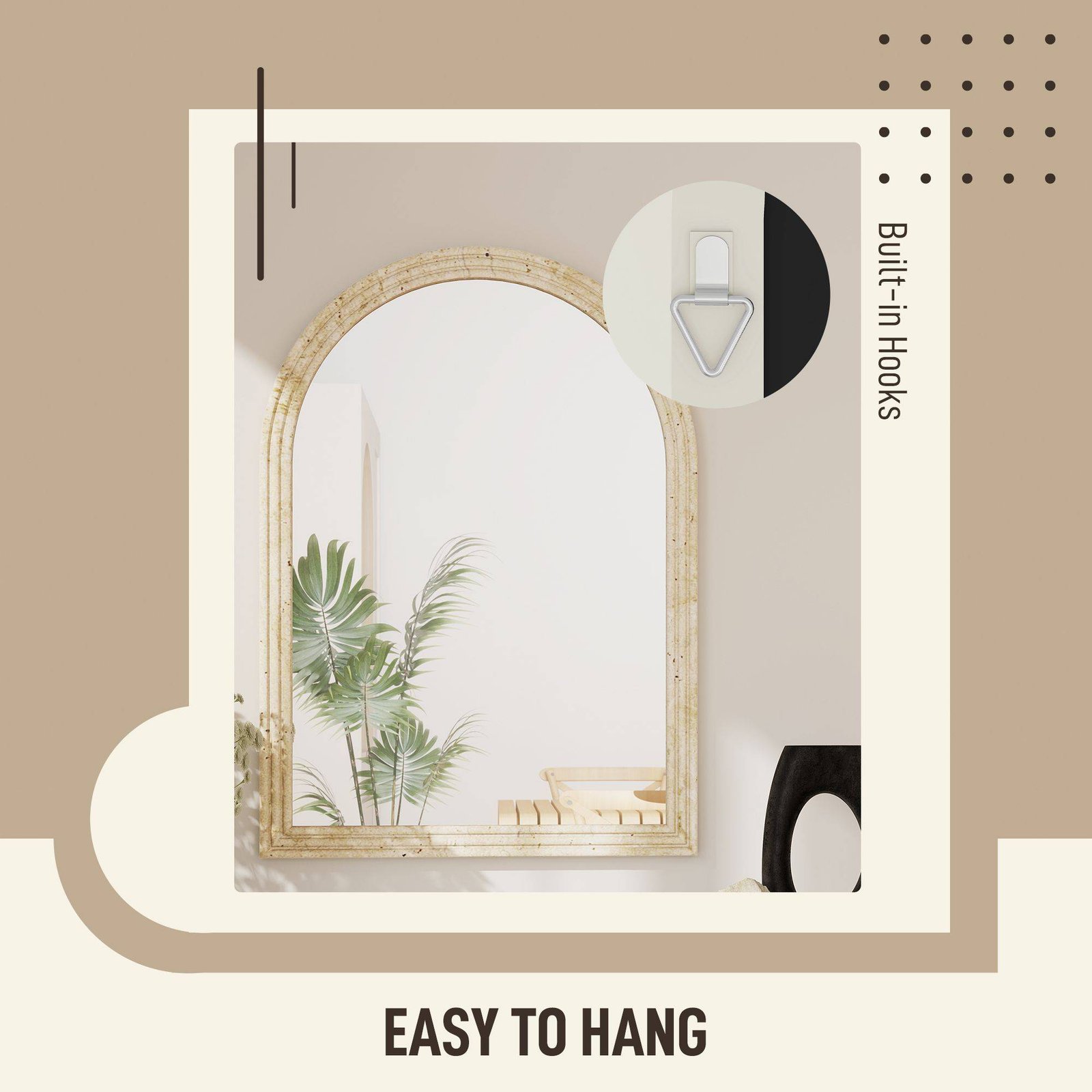 HOMCOM Arched Wall Mirror with Grooved Edge & Hooks, Wall-Mounted Mirror, Modern Tempered Glass & Polystyrene Beige - Image 5