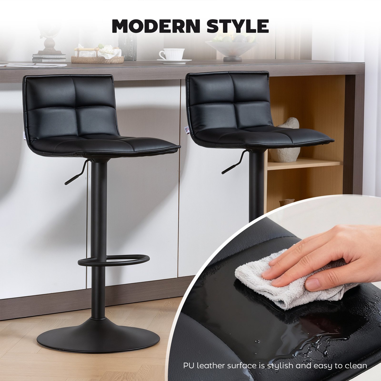 HOMCOM Set of Two Modern Faux Leather Bar Stools - Black - Image 4