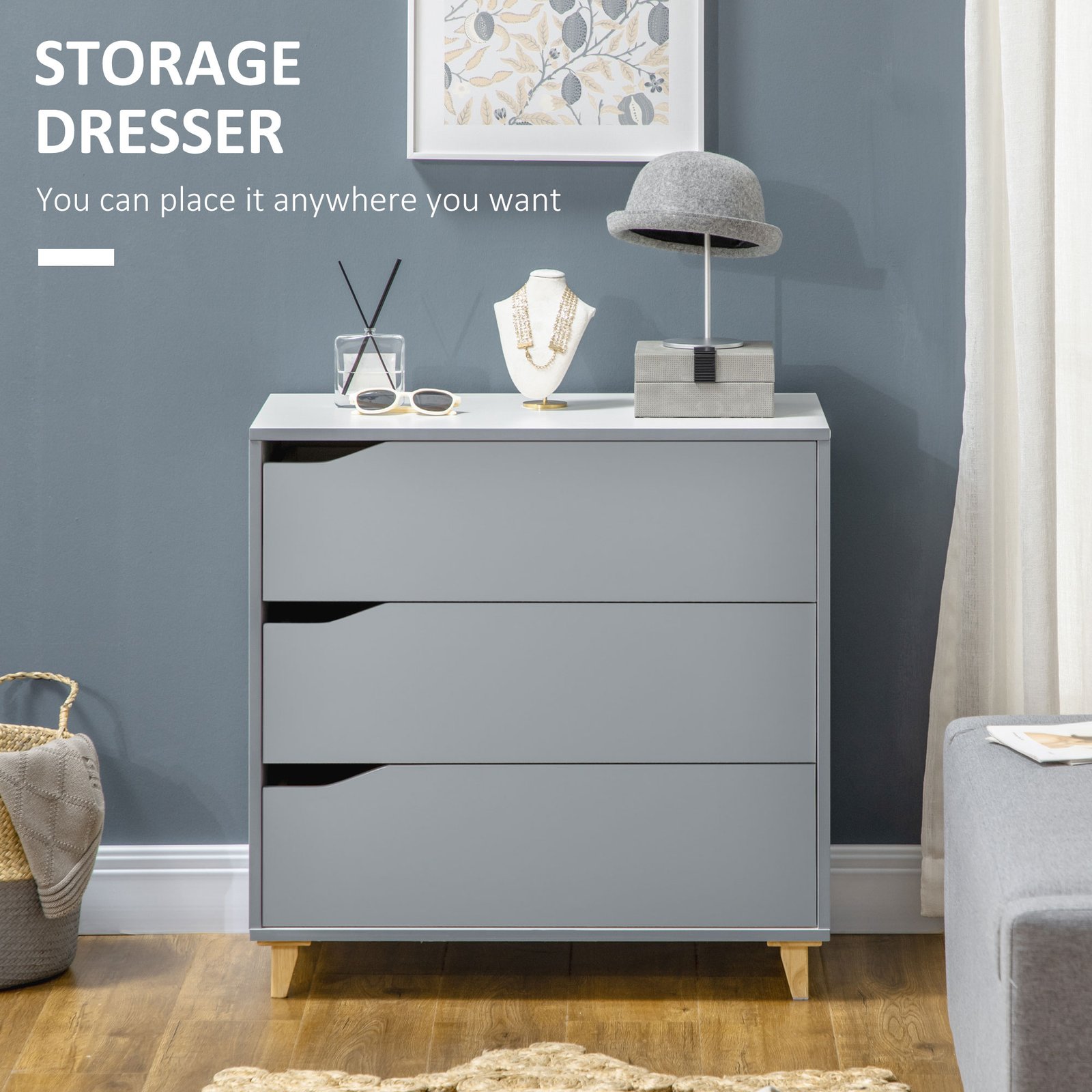 HOMCOM Drawer Chest, 3-Drawer Storage Cabinet Unit with Pine Wood Legs for Bedroom, Living Room, 75cmx42cmx75cm, Grey - Image 4