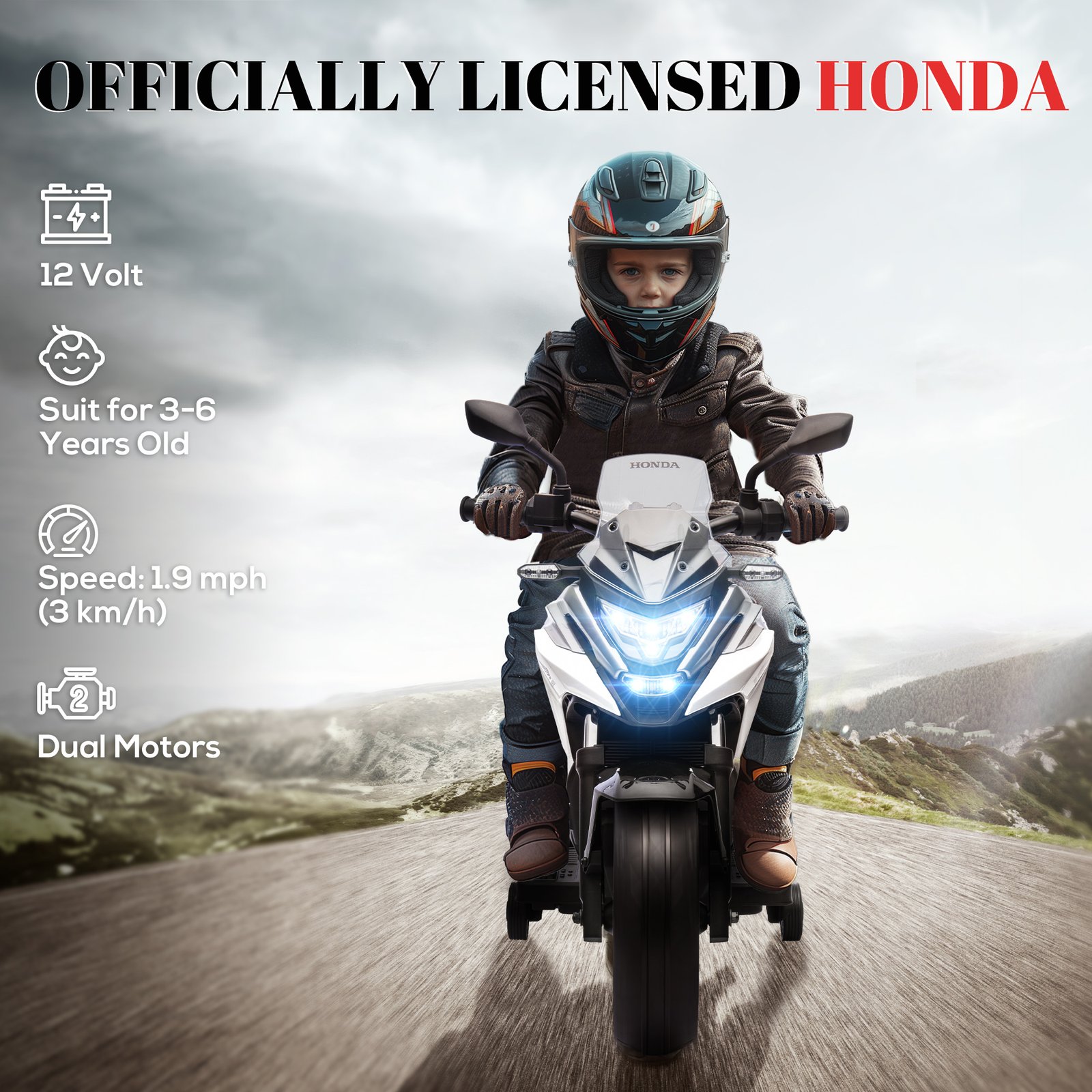 AIYAPLAY 12V Honda Licensed Kids Electric Motorbike w/ Music, Headlights, Early Education Function, for Ages 3-6 Years, White - Image 4