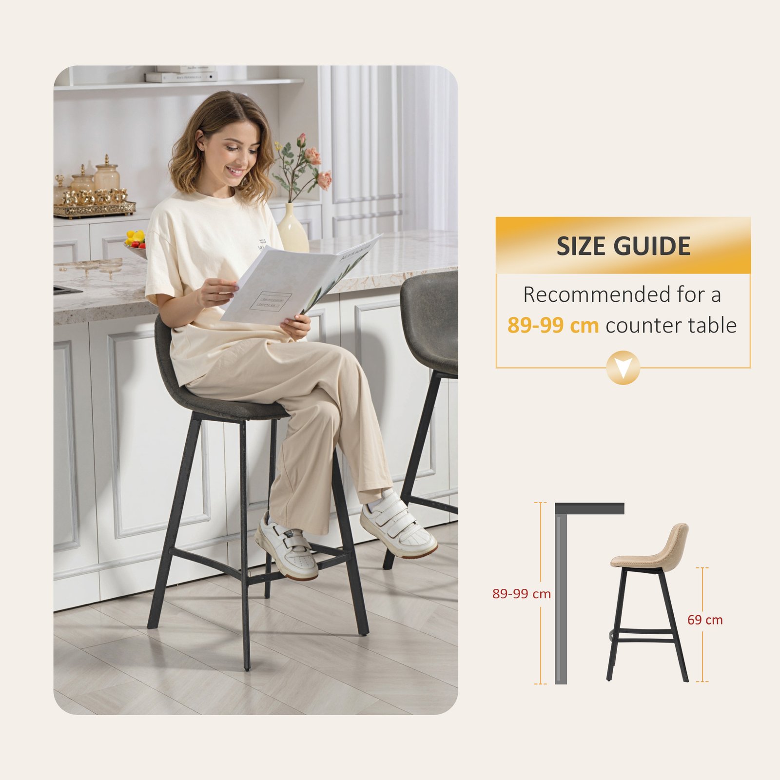 HOMCOM Bar Stools Set of 2, PU Leather Dining Stools with Backrest, Footrest, for Kitchen, Counter, Breakfast Bar, Grey - Image 7